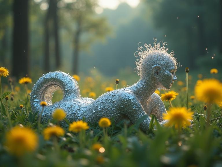 A silver filigree being rests in a field of dandelions. The scene glows with iridescence. Elements of bio-art and transhumanism blend. Surreal patterns fill a dreamlike forest setting.