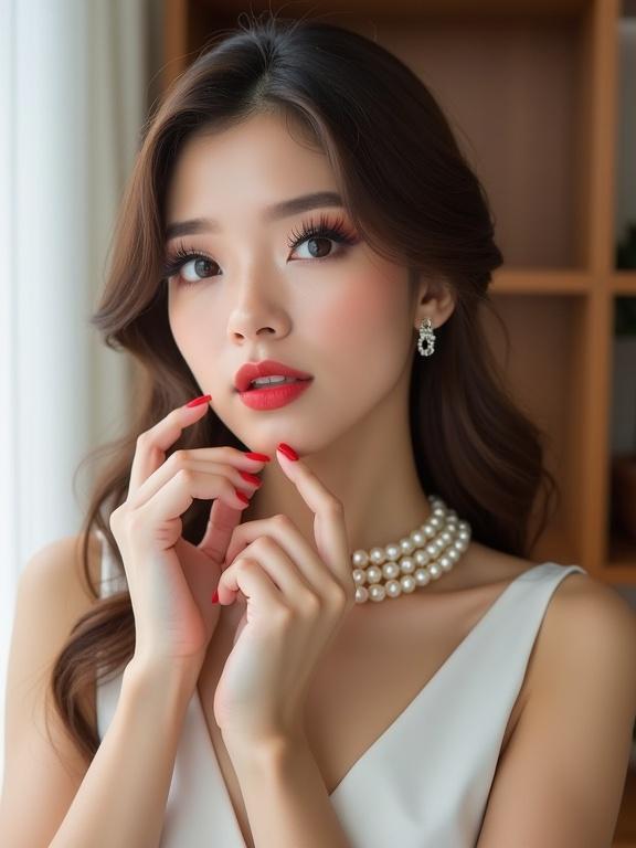 High-end beauty portrait of a young woman with dramatic makeup. Long false eyelashes; bold red lipstick. Brown hair styled in luxurious waves. White sleeveless top with pearl jewelry including a double-strand necklace and hoop earrings. Hands adorned with red manicured nails near her face. Background has soft white curtains and wooden shelving. Lighting is even and artificial. Shallow depth of field focuses on beauty elements.
