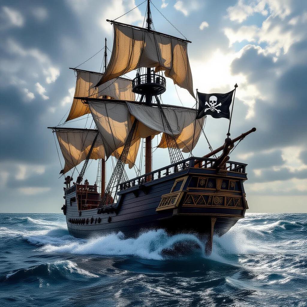 Ultra-realistic cinematic portrait of a majestic pirate ship sailing at full speed. Tattered sails billowing in the wind. Wooden hull with intricate details such as weathered planks and carved railings. Tattered Jolly Roger flag flapping against a stormy sky. Sunlight breaks through clouds illuminating the ship.
