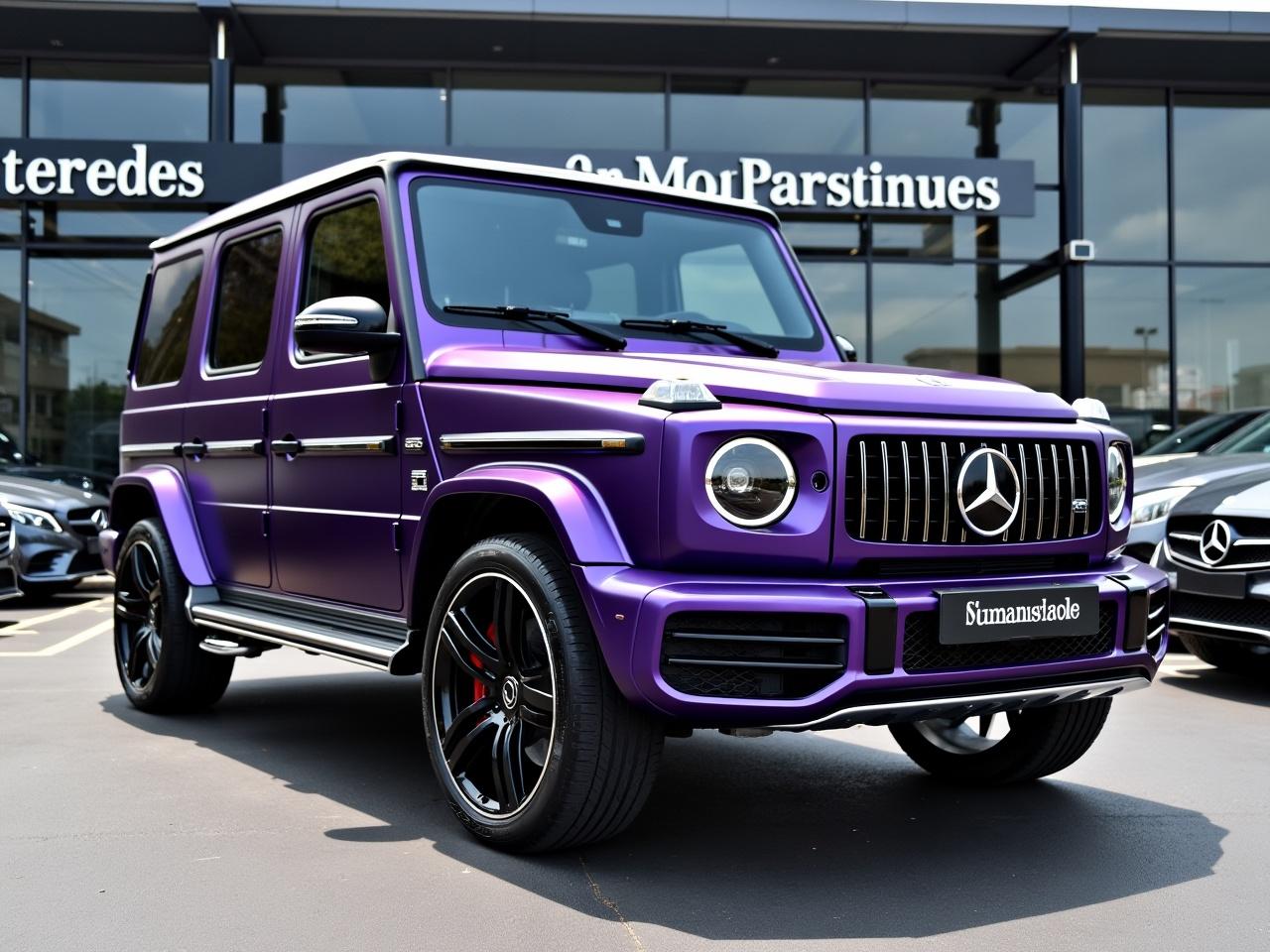 A Mercedes G63 parked in front of a Mercedes dealership building. The vehicle is sleek and shiny, showcasing its luxurious purple finish. The dealership has a large glass facade, displaying various models of Mercedes cars available for sale. The G63 is highlighted under bright dealership lights, making its features stand out. Surrounding the dealership, there are neatly arranged parking spaces with other Mercedes vehicles.