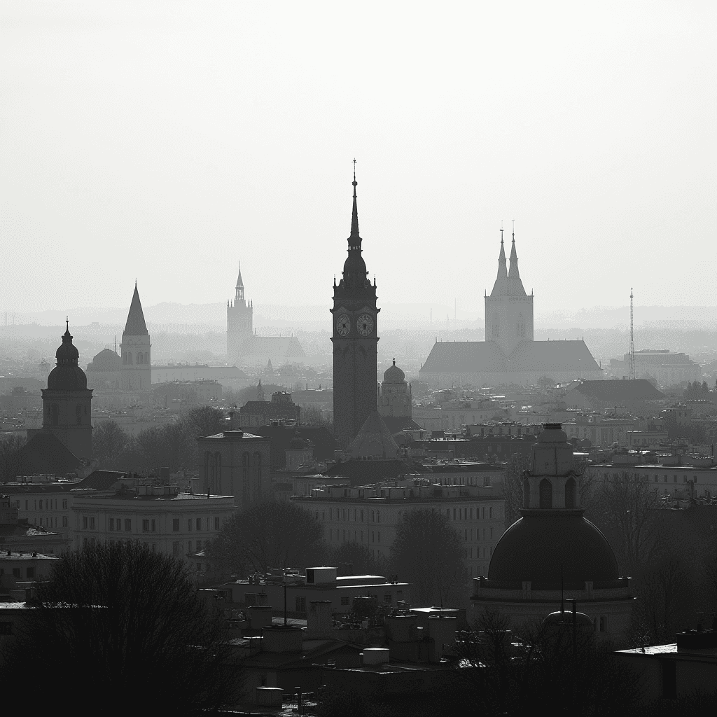 A misty skyline with faint silhouettes of church spires and a clock tower.