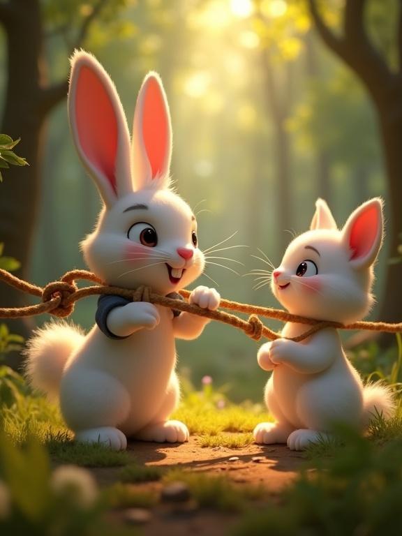 Two animated white rabbits in a magical forest play with a rope. One rabbit is older and encourages the other. Bright warm sunlight filters through trees. Charming Pixar 3D style.