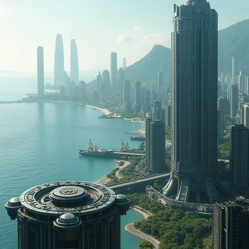 Sci fi Japanese city by the coast. Setting has spaceship landing pad on a skyscraper. Taller skyscraper has a ship hangar. Cityscape includes Japanese architecture and solar panel sails. Includes park with Japanese gardens and coastal karst scenery.