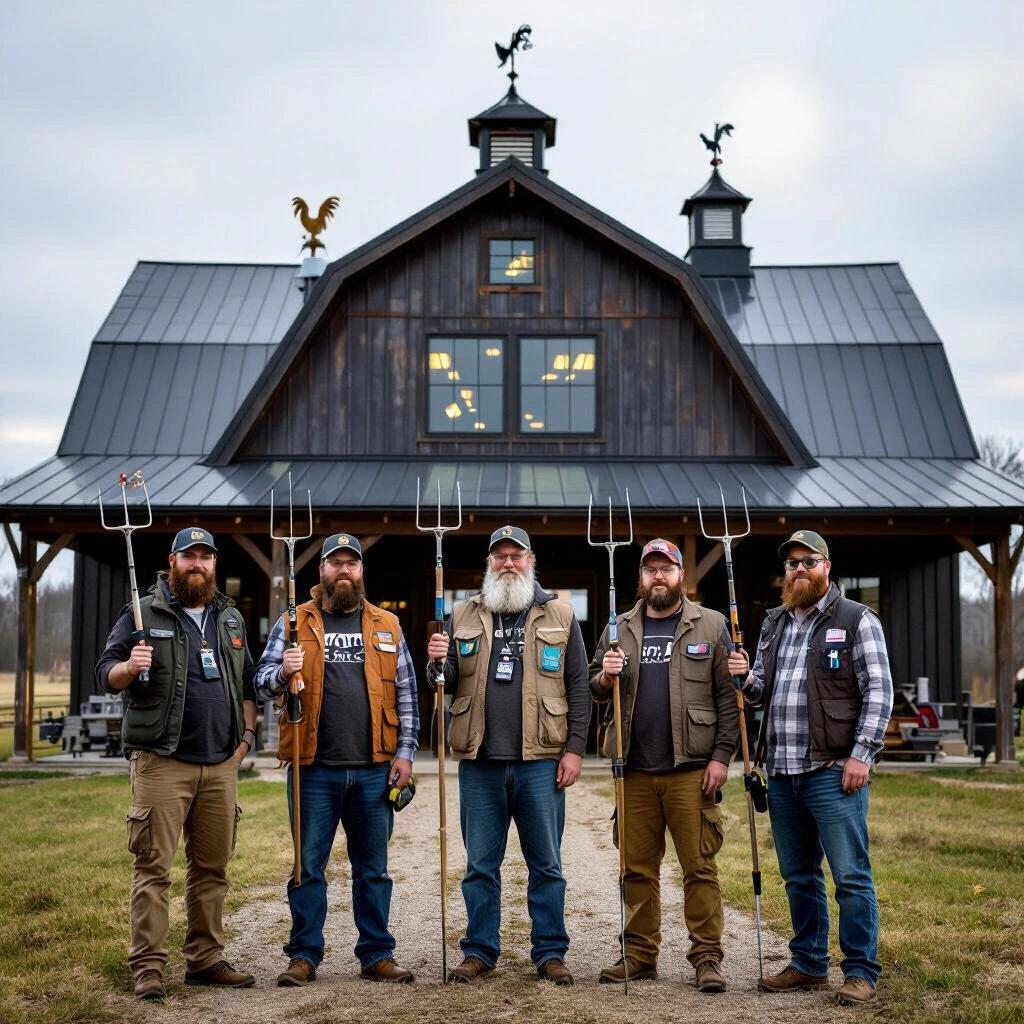 A group of five ham radio operators stands in front of a modern hip roof barn. They hold pitchforks and walkie talkies, showcasing their nerdy appearance. The barn features glass lightning rods and rooster weather vanes, viewed from the end. The setting is outdoor and casual.