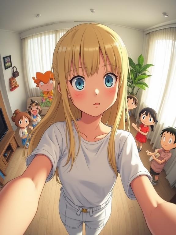 Beautiful model with long blonde hair in white outfit takes a selfie in bright small living room. All characters from popular anime show gather behind her. Everyone shows happy expressions. Image features extreme fisheye distortion with realistic cinematic lighting.