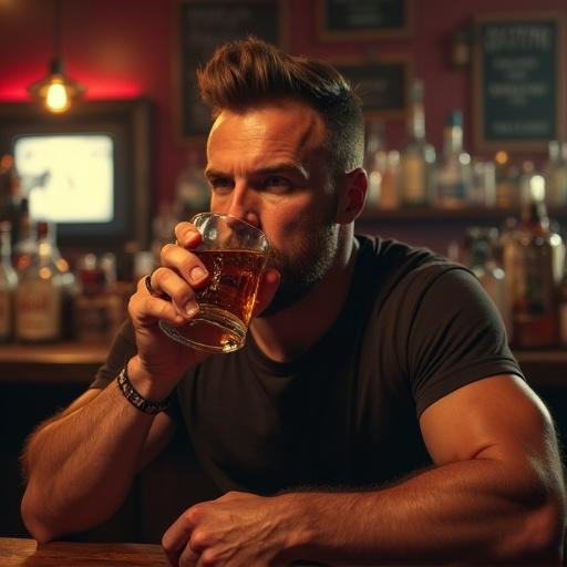 Handsome muscular man sitting at a punk bar. Man holding a glass of whiskey. Scowling expression. Bar filled with bottles in the background.