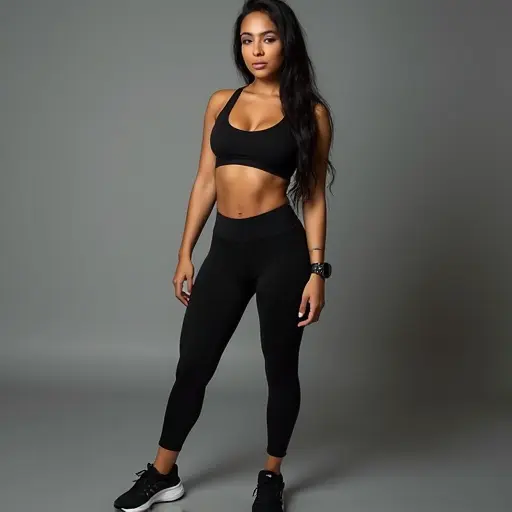 A gym lady in black leggings and a crop top stands confidently. Very sexy and curvy. Her youthful appearance enhances the image. Footwear is stylish and visible. Full body visible in a professional studio setting.