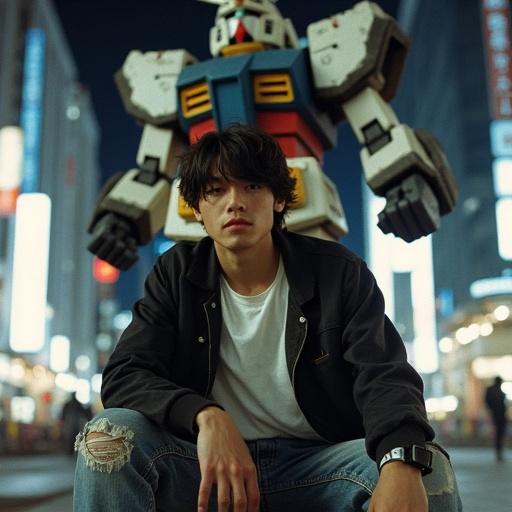Grunge analog photograph taken in Tokyo Shibuya at night featuring a young Japanese boy in a casual outfit sitting in front of a large Gundam robot