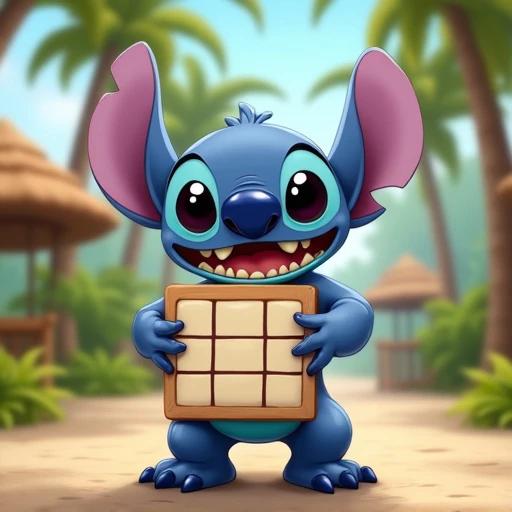 Stitch character holds a blank Tic-tac-toe board. Tropical park background with palm trees and huts. Playful and friendly atmosphere.