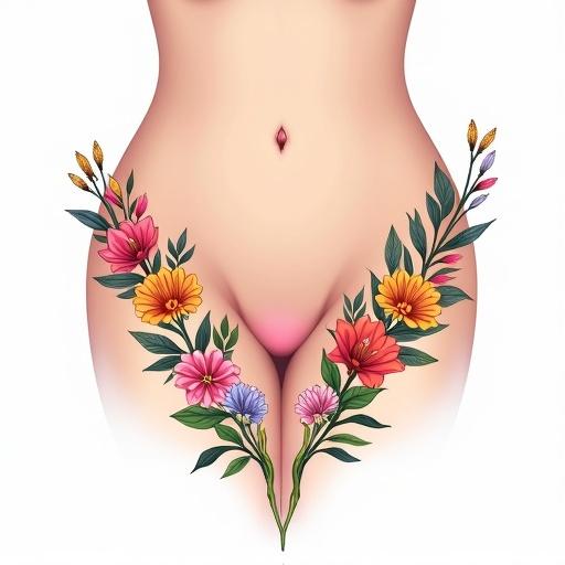 Design of two symmetrical floral garlands as a tattoo. They start from the lower sides of the hips and curve inward. Garlands merge at the base of an existing tattoo on the hips. They feature vibrant flowers with delicate style and little greenery. One garland has a discreet snake head at the bottom, facing the last flower of the opposite garland. The composition looks graceful and feminine. The background is white or transparent.