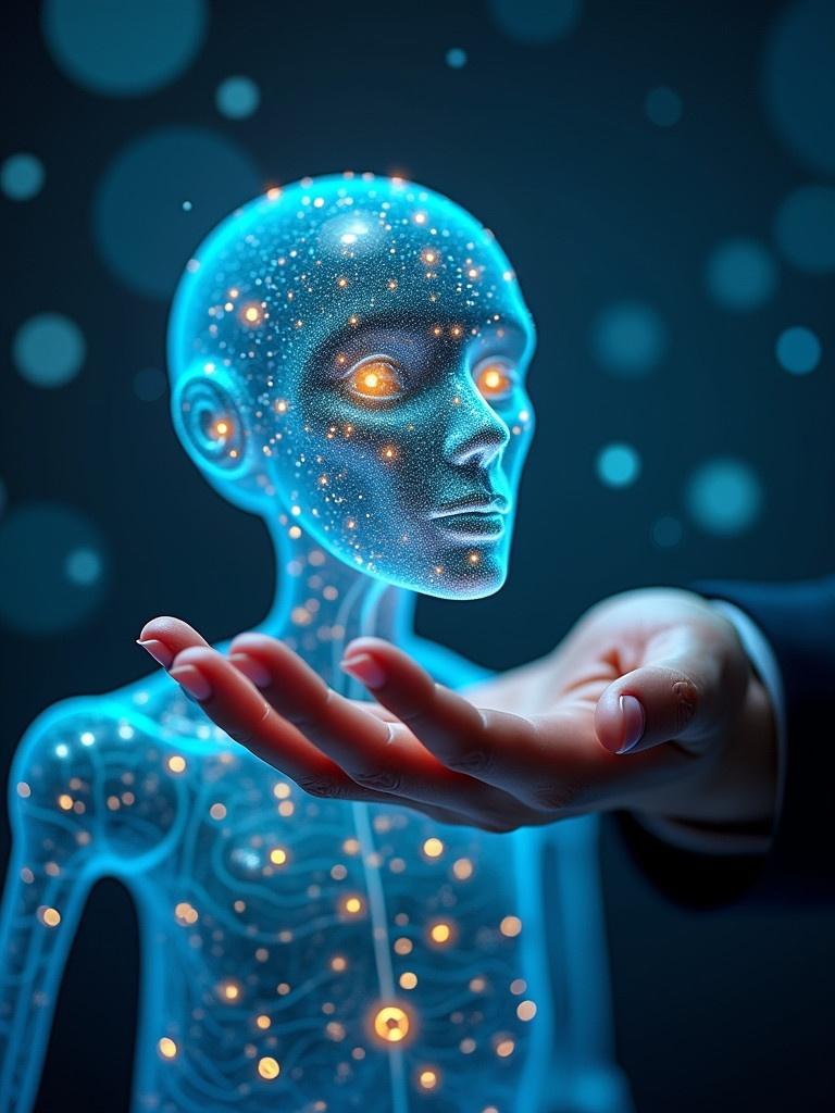 A person holds a futuristic glowing mannequin in a blue digital environment. The mannequin is transparent and shows inner mechanisms highlighted with lights. The scene conveys the idea of integrating advanced technology into business practices.