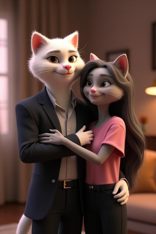 3D animated-style scene features anthropomorphic male cat and female cat. Male cat has white smooth fur. He wears a shirt and black blazer. Female cat has light gray fur with thin black stripes. She has long wavy hair and pink shirt. Both have happy expressions. Background shows cozy living room with warm lighting at night.
