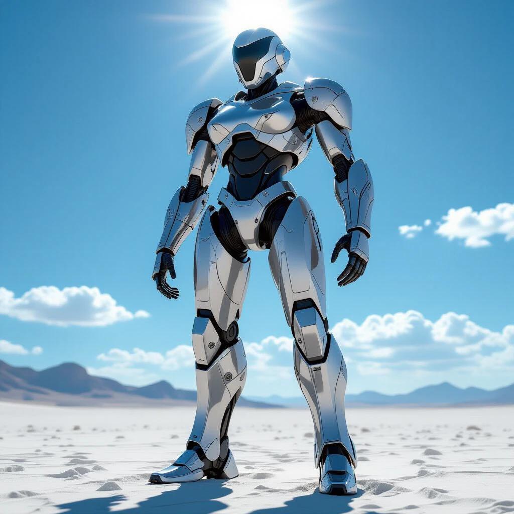 Sleek silver cyborg robot stands in white desert. Blue sky fills background. Sunlight creates shadows around. Highly detailed and textured metallic design.