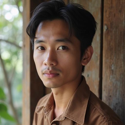 A profile photo of a Javanese man. Man appears 40 years old. The face is ordinary yet charming. Background features natural elements.