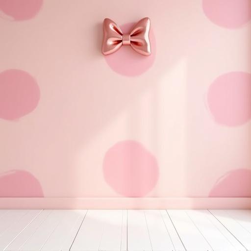 Matte white ceramic floor with a pastel pink wall featuring large soft red polka dots. A single blush pink bow-shaped wall decor is centered at the top. Ambient lighting creates a playful and elegant Minnie-inspired setting. Designed for centered composition in a 16:9 aspect ratio.