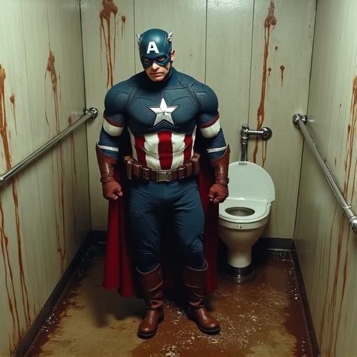 Captain America in full costume stands in a dirty public restroom. Toilet has brownish liquid stains. Room has grimy walls and poor lighting. Captures the contrast of a hero in an unheroic situation.
