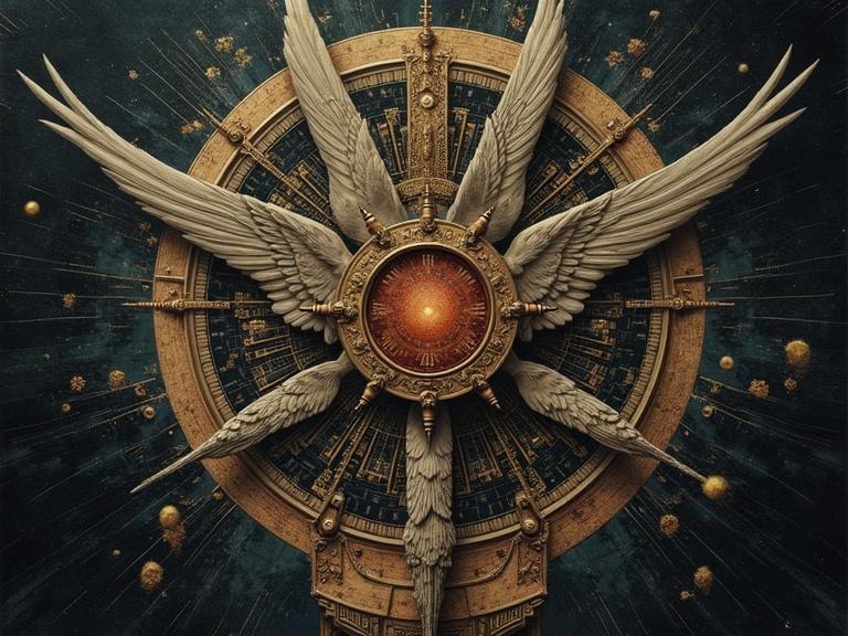 An intricate design representing cosmic themes with a central emblem surrounded by wings. The image features a blend of dark and gold tones, evoking a sense of grandeur and mysticism. It includes detailed patterns and a celestial feel.
