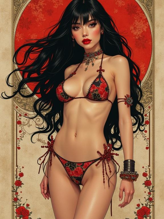 Artistic illustration of a model in a bikini with intricate design. The model has flowing black hair. Background features warm colors and decorative elements. The style blends influences from various artists.