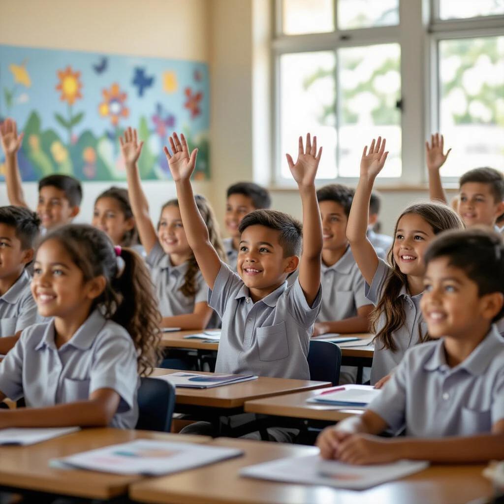 The image depicts a bright classroom with young students eager to participate. They are sitting at desks with arms raised. Children are wearing grey uniforms. The atmosphere is lively and engaging with a colorful mural on the back wall. The composition showcases an inclusive learning environment.