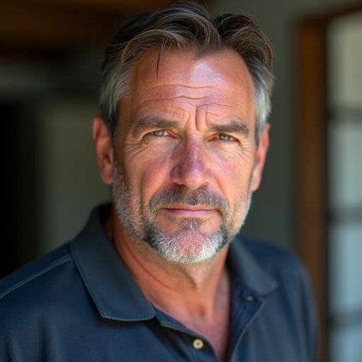 A close-up portrait of a Caucasian man in his late 40s to early 50s. He has a sturdy build and subtle lines around his eyes and mouth. His short dark brown hair is neatly combed. He has deep-set eyes with a serious expression. He wears a practical dark blue polo shirt. The lighting is natural and slightly diffused. The background is simple and blurred.
