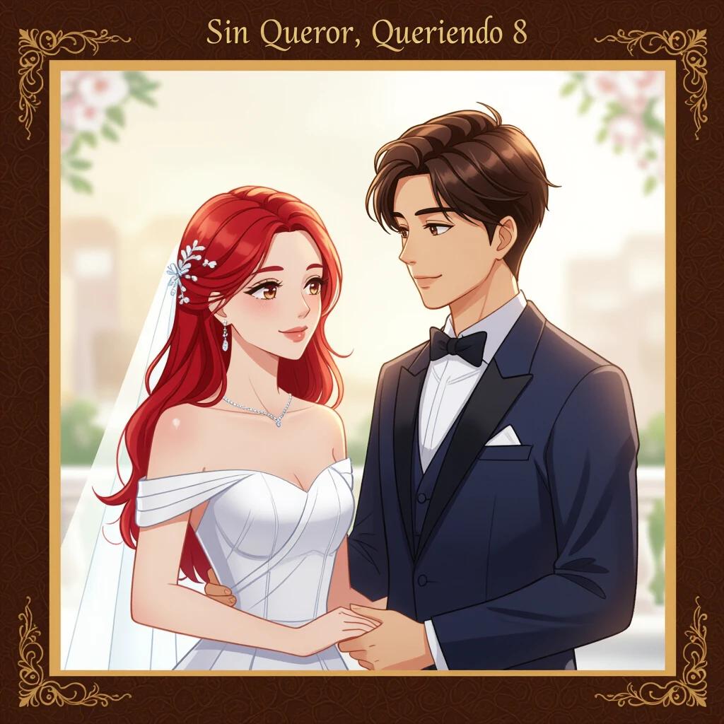 Illustration of a couple in wedding attire in a romantic setting. The woman has long red hair and is wearing a white wedding dress. The man has dark hair and is dressed in a black tuxedo. They are gazing at each other tenderly.