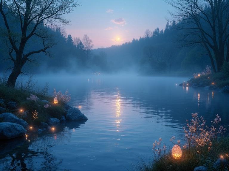 Serene lakeside scene at twilight. Surrounded by mystical forest with glowing beings above water. Gentle mist rising illuminated by moonlight. Fragrant flowers and glowing crystals in scenery. Title 'Healing Waters: A Meditation Journey' glows in upper third.