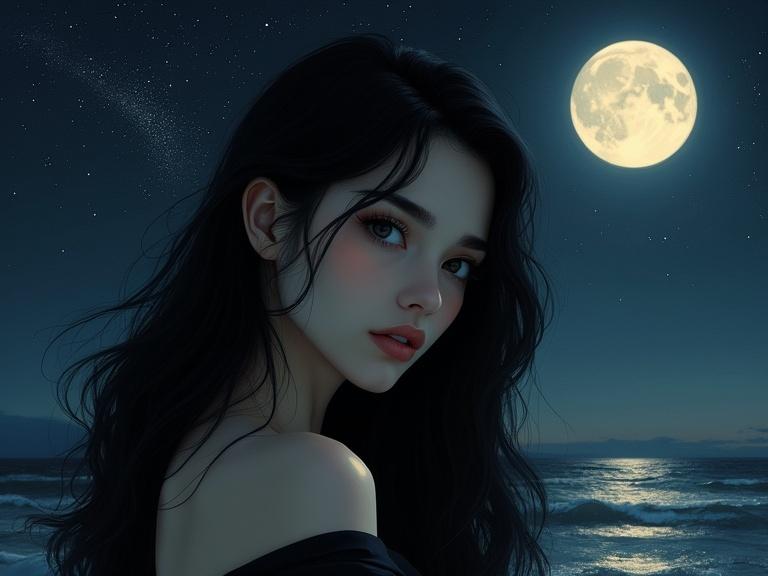 A portrait of a dark-haired woman looking over her shoulder at the viewer against a moonlit ocean backdrop. Her expression is knowing and evocative. The night sky creates a sense of mystery and cosmic themes surround her.