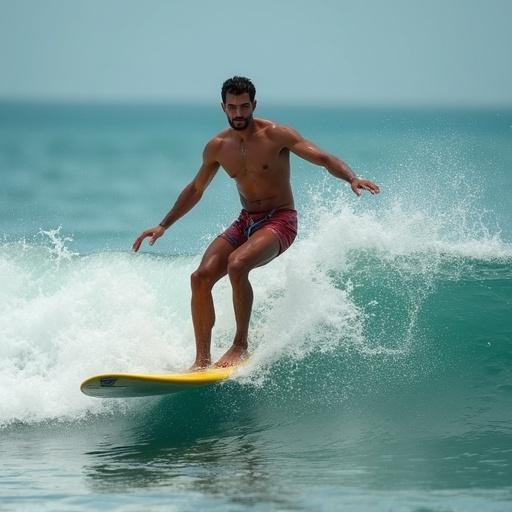 Photorealistic image of a man surfing. He rides a wave in the ocean. Bright colors dominate the scene. Clear sky and vibrant water.