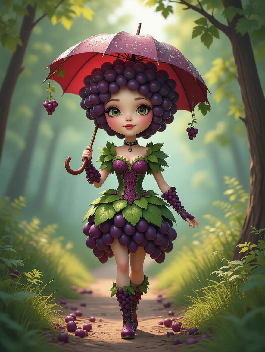 Grapes are formed into a queen character walking along a fairy-tale forest path. She holds a grape and stem umbrella. Her head is a large grape with eyes, nose, and mouth. Her face is grape red. Her hair consists of small grapes, leaves, and stems. Her limbs are intertwined stems. Her skirt has grape leaves and fruits. She wears boots made of grapes, stems, and leaves.