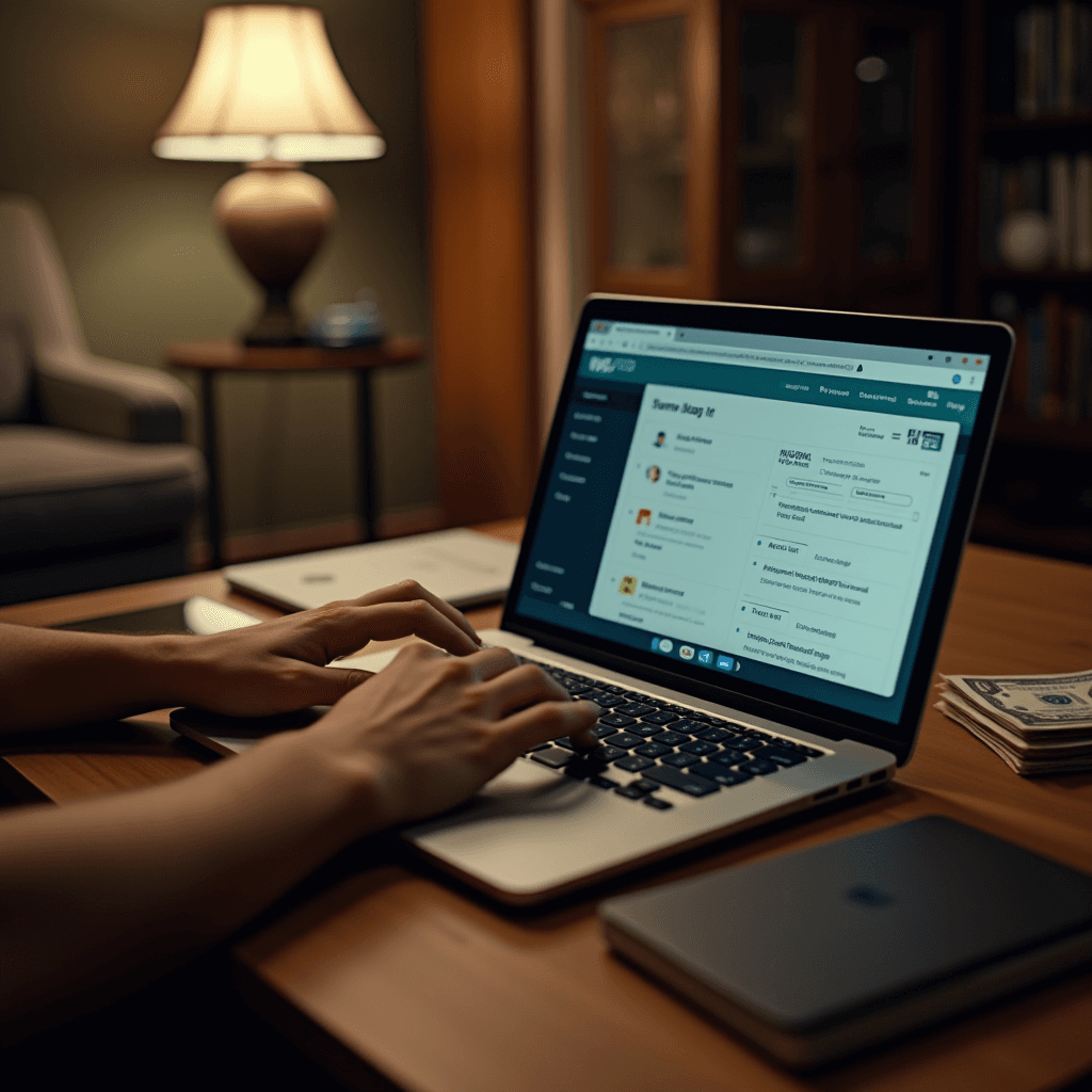 A person is typing on a laptop at a wooden table in a cozy, dimly-lit room.