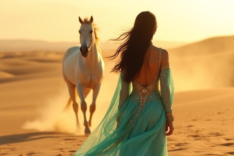 Princess in turquoise attire stands in desert. White horse approaches. Camera angle is slightly low and behind. Dunes stretch into the horizon under golden light. Hair flows in the breeze. Outfit has gold embroidery and patterns. Horse gallops with flowing mane. Warm ambiance creates anticipation.