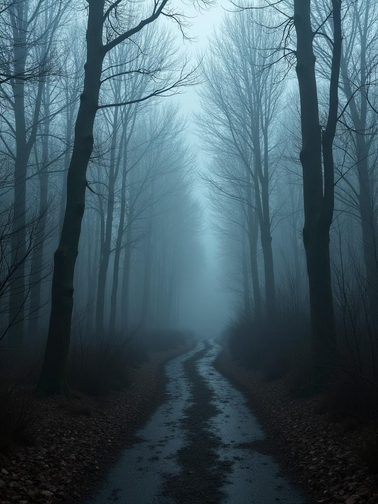 A winding path surrounded by trees in a foggy forest. The trees are barren and tall. The atmosphere is eerie with ominous shadows. Muddy path reflects the mist.