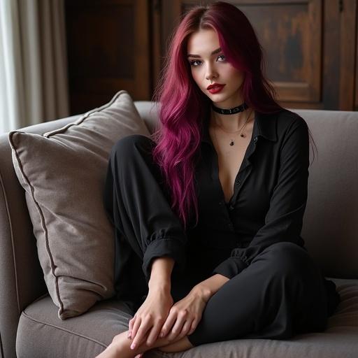 A beautiful adult caucasian goth woman exhibits stylish fashion. She has long waves of colorful hair. The woman sits on a modern couch in a stylish living room. A close-up features her clean realistic soles and bare feet resting on a cushion. She wears toe rings that accentuate her aesthetic. The overall setting is chic and fashionable.