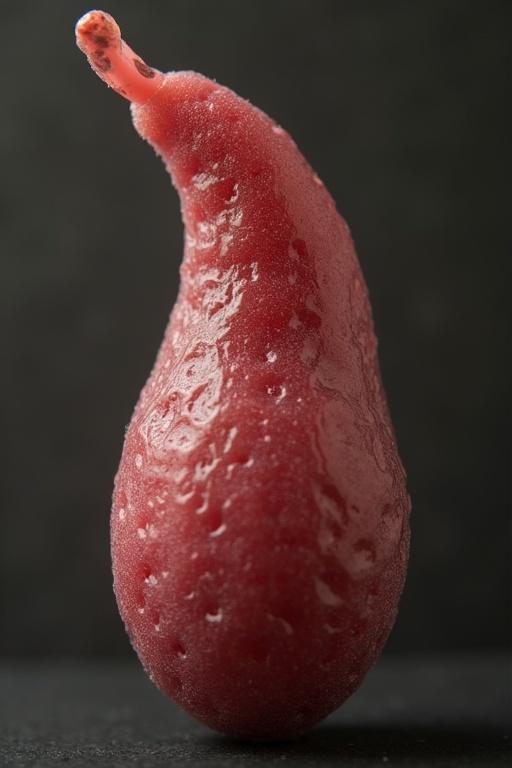 A close-up photo depicting a red object resembling a penis. The object has a glossy surface with droplets of moisture. The background is dark. Focus on the details and texture.