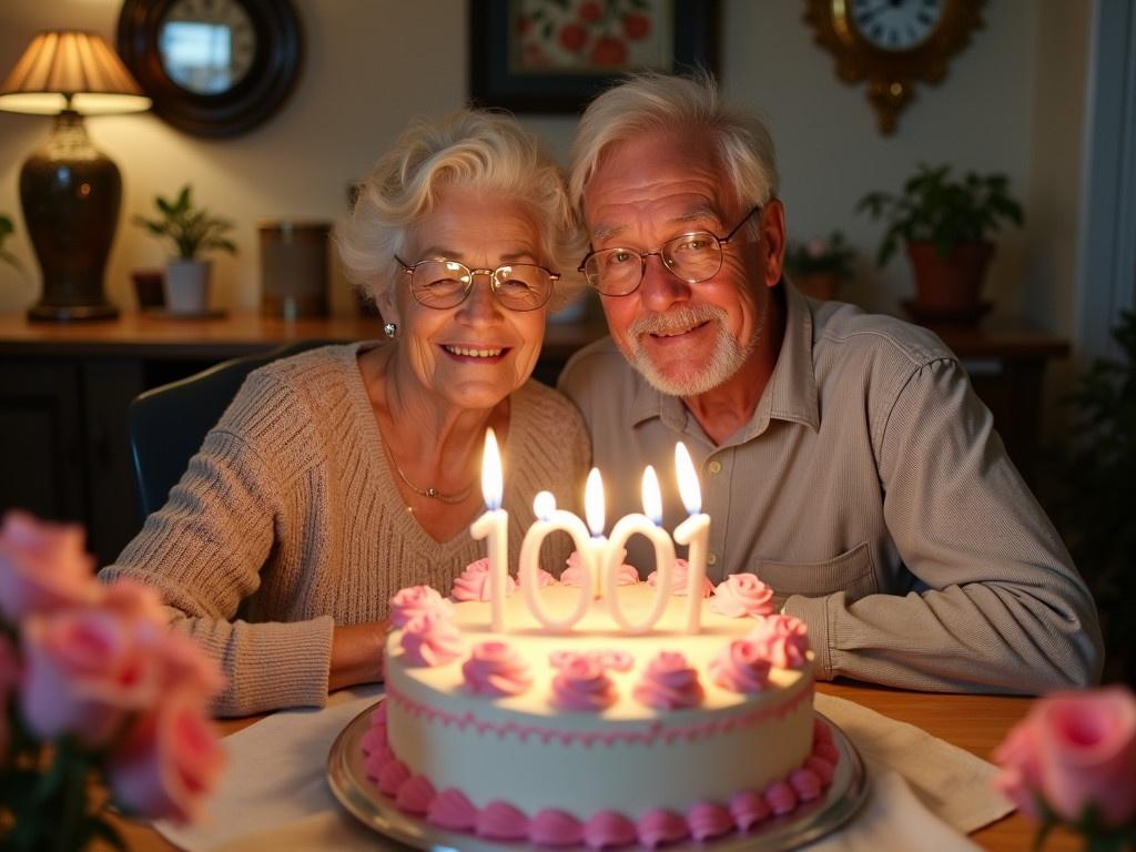 The image features a celebratory scene with an elderly couple sitting closely together at a dining table. They appear joyful and are positioning themselves next to a large cake. The cake is decorated with pink roses and icing, which forms the message 'Happy 100' and '101' with candles lit on top. The couple seems to be celebrating milestone birthdays, as indicated by the numbers on the cake. The room is warmly lit, enhancing a cozy atmosphere, and there are some decorative elements in the background like clocks and paintings. The overall mood is festive and cheerful, capturing a special moment in their lives.