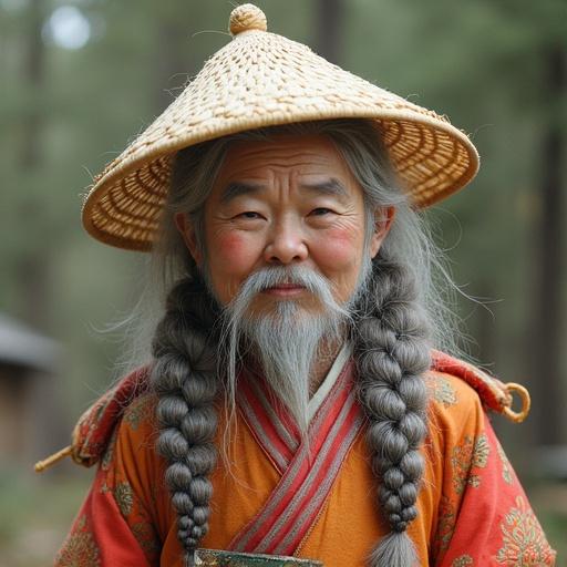 A person wearing traditional attire stands in a field with a straw hat. The backdrop shows trees. The person has long braids and a serene expression. The atmosphere looks peaceful and rural in a farming context.