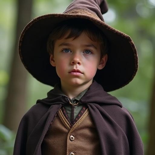 Image of a young boy wearing a classic wizard outfit. The boy has a serious expression. Background includes blurry forest elements.