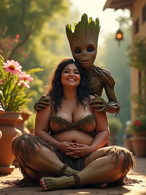 A tribal huntress sits relaxed on a terrace surrounded by flowers. Groot gently hugs her from behind, creating a heartwarming moment. The scene has cinematic lighting and warm colors.