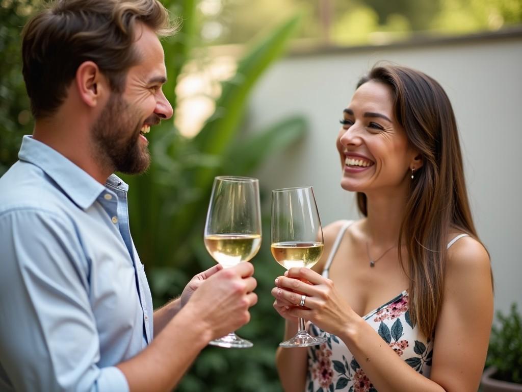 A joyful scene with two people holding glasses of wine, possibly at a celebration or a special occasion. They are smiling and seem to be enjoying each other's company. The setting is outdoors, and they are standing close to a light-colored wall. The background includes some greenery, suggesting a garden or backyard. Their cheerful expressions and the wine glasses indicate a moment of happiness and relaxation.