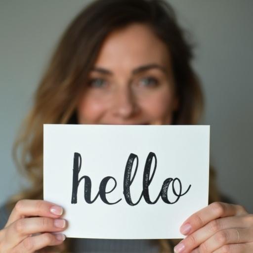 Woman holds a piece of paper with the word 'hello' written on it. Natural light highlights her face and the message.