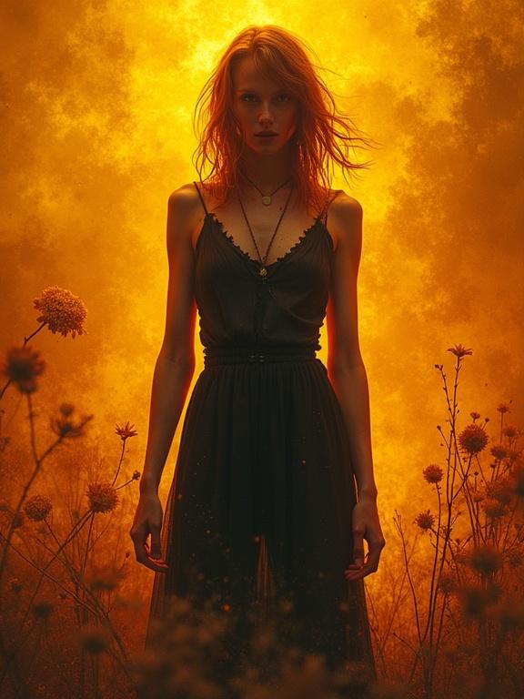 A vibrant portrait of a woman amidst an eerie landscape. The subject shows deep disappointment and astonishment, wearing slashed clothes. The background features swirling patterns. Warm hues blend with stark contrasts, creating an ethereal glow. Photographed in 300 dpi for breathtaking sharpness.