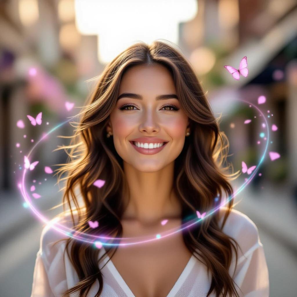 A naturally beautiful woman smiling softly on a quiet city street during golden hour. Hair flows gently in the breeze. Realistic skin texture. Subtle fabric wrinkles. Magic swirls in pastel colors. Glowing particles in pink, blue, and lavender float. Delicate butterflies and petals drift slowly. A faint pastel magic circle shimmers behind her. Scene illuminated with natural light.