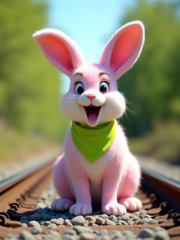 A cheerful human-sized pink rabbit sits on railroad tracks. The rabbit has large eyes and a surprised expression. It wears a lime green bandana. The fur appears smooth and detailed. There are blurry green trees and a light blue sky behind it. The tracks are dark brown with small rocks around. The rabbit is facing the viewer directly. Scene captures a sunny day with bright lighting.