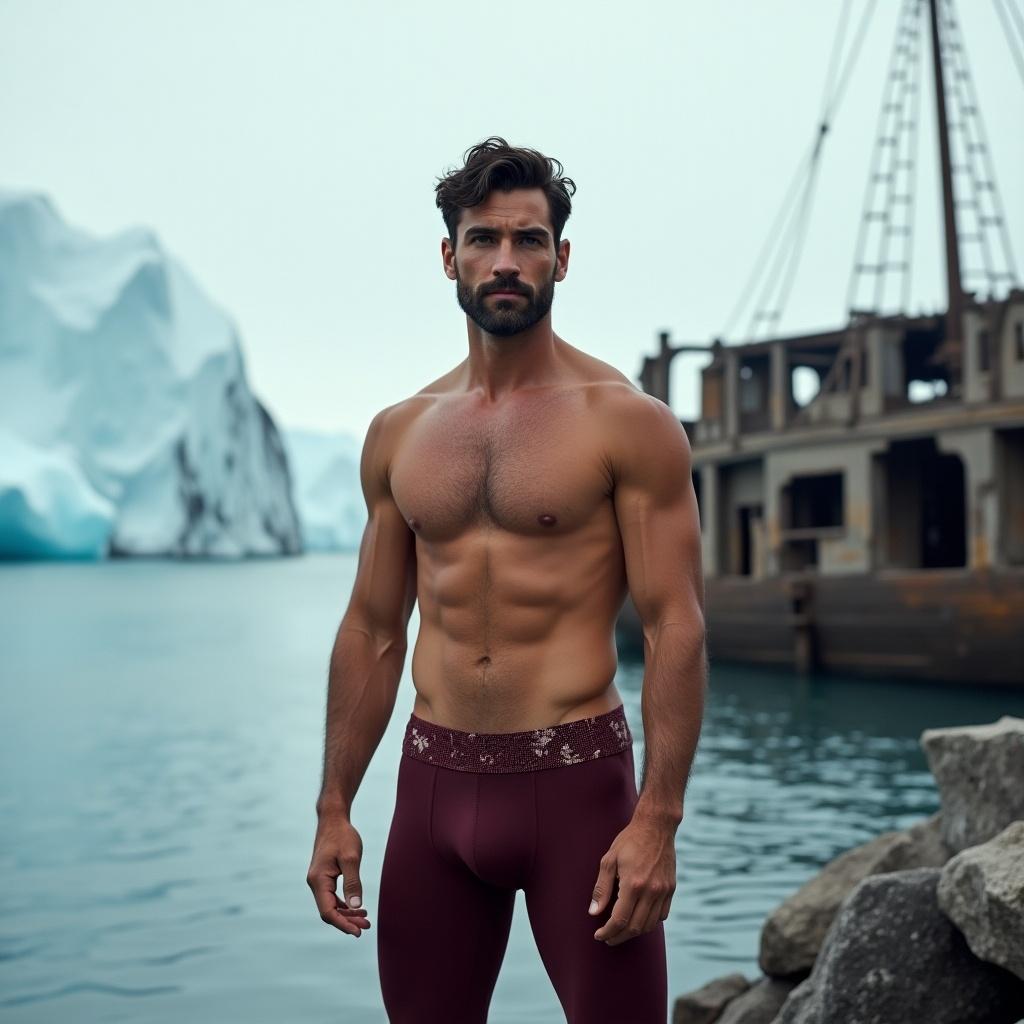 Male model in skin-tight deep burgundy shorts poses confidently against an Antarctic backdrop. Towering glaciers and a shipwreck set the scene. The image captures the blend of human form and natural beauty.