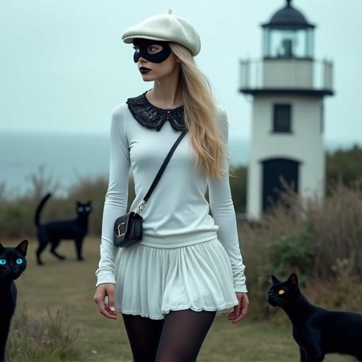 Woman walks in a garden near a lighthouse. She wears a long-sleeved white shirt and a black collar. A coned beret sits atop her head. Black cats are nearby. The garden features female black mannequins.