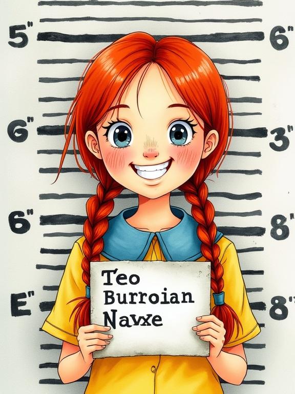 Teo is a 24 year old with freckles and a toothy grin. Character has red plaits and wears a yellow and blue dress. Holding a name sign in a mugshot style. Styled as a digital storybook illustration.