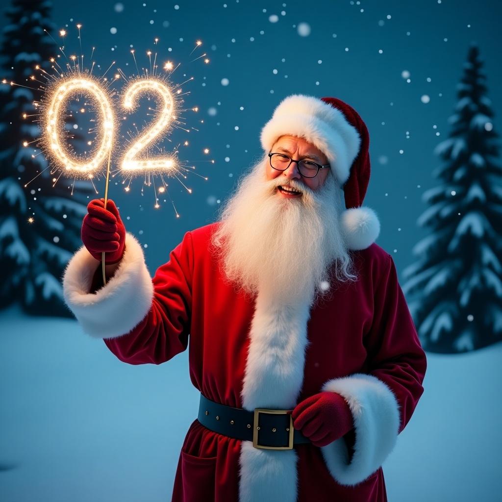 Jolly Santa Claus in snowy landscape. Holding sparkler with number 02. Wears classic red suit with white fur trim. Eyes twinkle with joy. Snowy scene with evergreen trees and starry night sky creates festive atmosphere.