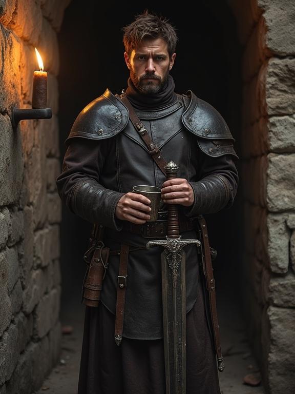 Detailed portrait of a soldier with tousled brown hair wearing dark leather armor. He has a sword and a wooden mug, standing in a dimly lit garrison. Expression shows intensity and melancholy. Mood is somber with a gritty atmosphere, emphasizing detail and realism.