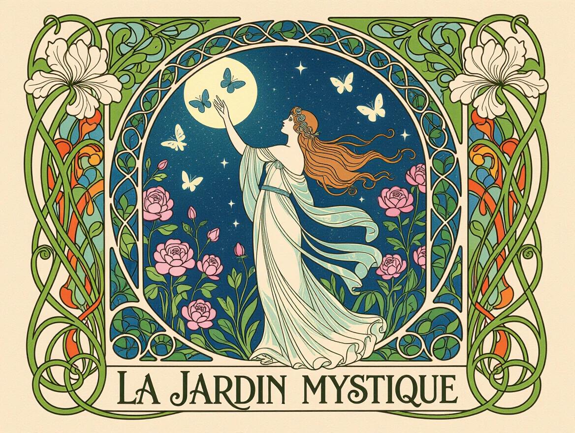Art Nouveau illustration features a woman in a diaphanous gown reaching for butterflies. She is framed by flowing organic borders of stylized irises. The scene is set in a moonlit garden with peonies and roses surrounding her. Typography on the bottom reads 'La Jardin Mystique'. The artwork includes geometric patterns and showcases jewel tones.