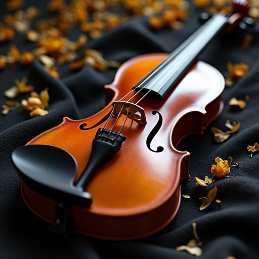 Photorealistic image of a violin lying on a black velvet cloth surrounded by fragments of sheet music and beige flower petals with subtle ambient lighting